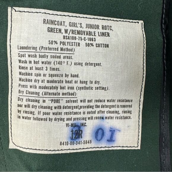 ROTC Raincoat Girls Junior 12R Green Removable Liner Long Trench Coat Winter - Picture 11 of 12